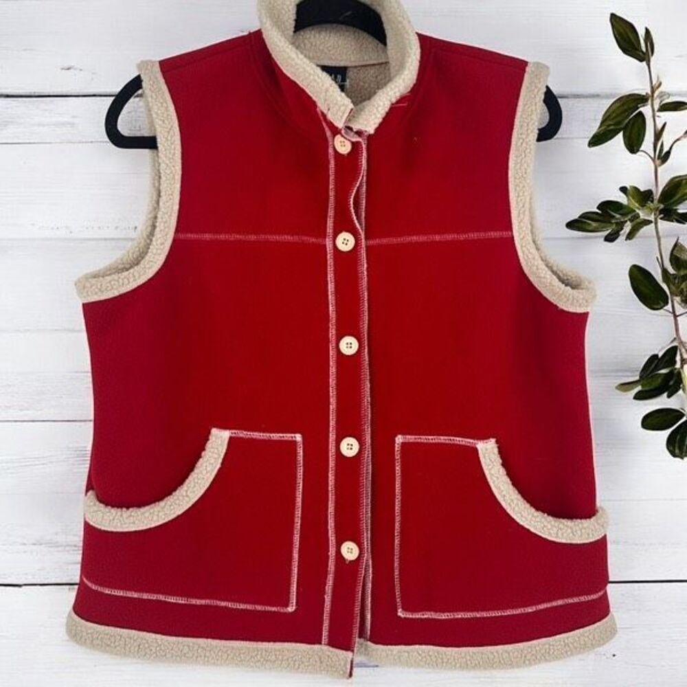 Vintage Y2K Gap Womens Faux Shearling Red Fleece Vest Large Layering Button Down
